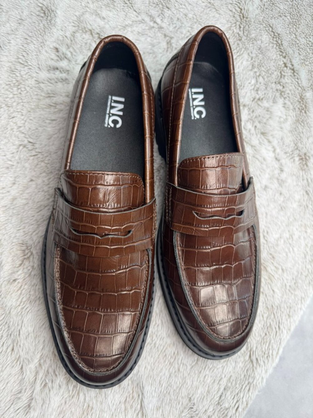 INC Mens Brown Faux Crocodile Penny Griffin Toe Block Heel Slip On Loafers 8.5M